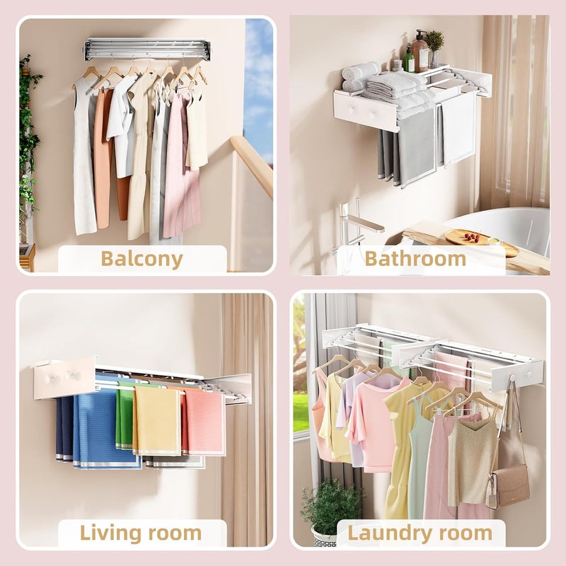 BAKON Wall Mounted Drying Rack with 4 Hooks and Shelf, Foldable Clothes Drying Rack for Laundry Room, Collapsible Laundry Rack Wall Mount, for Indoor Outdoor Hanging Clothes, 23.6 Inch - Image 4